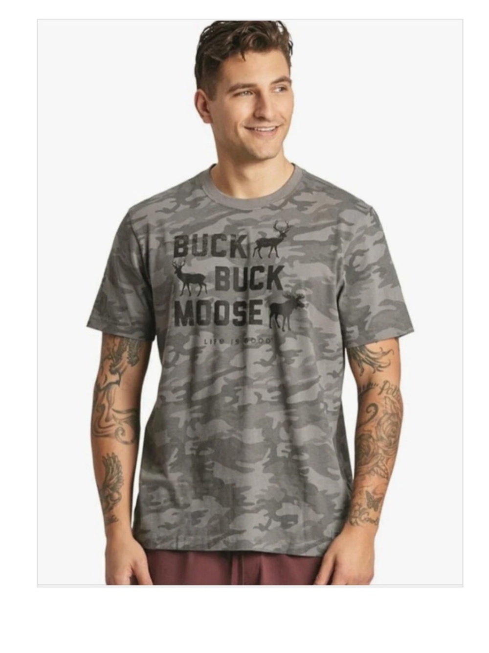 Life Is Good Gray Camo "Buck Buck Moose" Short Sleeve Tee